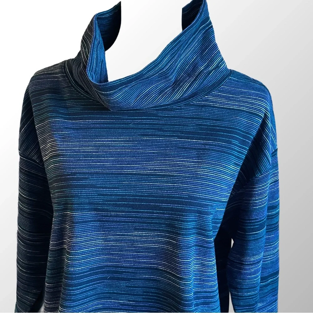 NWT T by Talbots Tunic Top in 1XP Blue Print Cowl Neck Long‎ Sleeve Textured